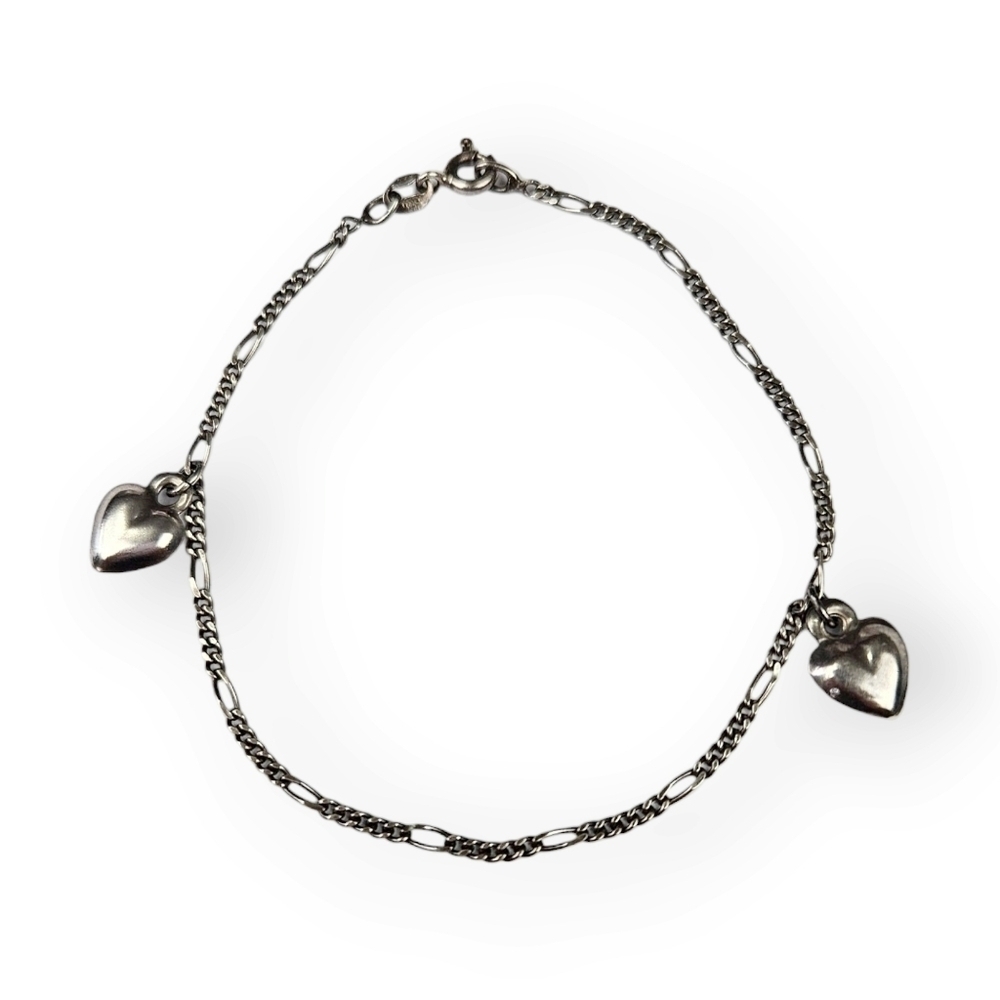 Puffy Heart Sterling Bracelet Figaro Chain Dangle Charm 925 Silver IBB 7.25"